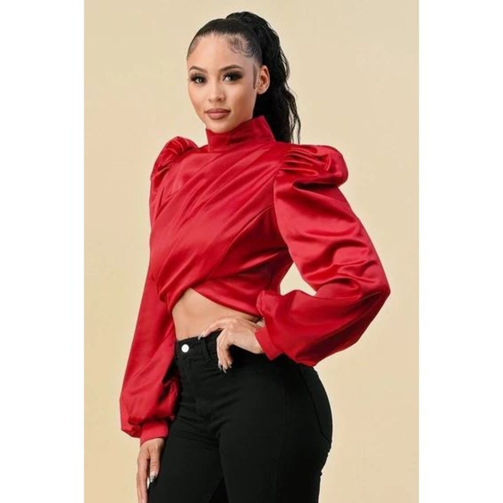 NWT CQ by CQ Bloomingdales Red Puff Sleeve Mock Neck Crop Statement Top Blouse S